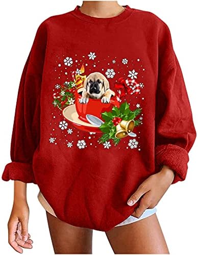 Божиќ Симпатична Куче Графички Дуксери За Жени Долги Ракави Екипажот Пуловер Блузи Мека Лабава Дами Блуза