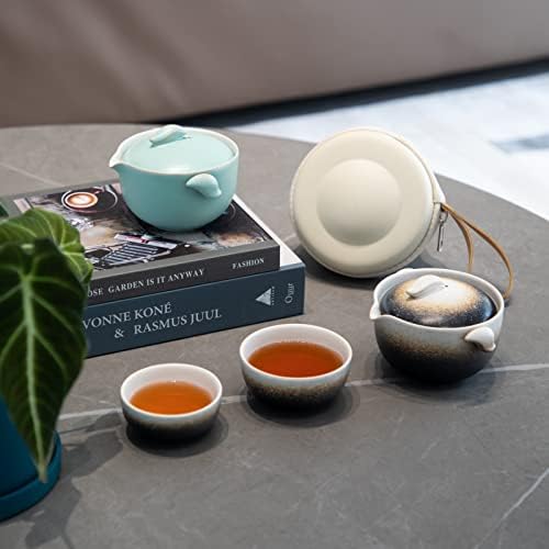 Хеер кинески чај Гаиван сет за лабав чај од лисја, керамички преносни патувања кунгфу чајник со 2 чамци за возрасни, додатоци за чај од јапонски