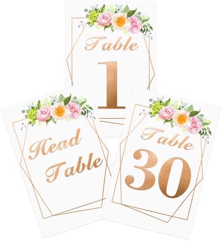 Броеви на розово злато за свадбени броеви 1-30 со картички за главни табели, 31 парчиња 4x6 инчи водоотпорна цветна двострана картичка за
