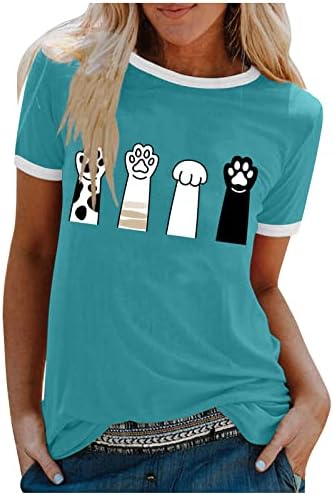 Долги ракави маички за жени кои се обични екипаж на вратот со кратки ракави за бојата за боење мачки жени активни носења