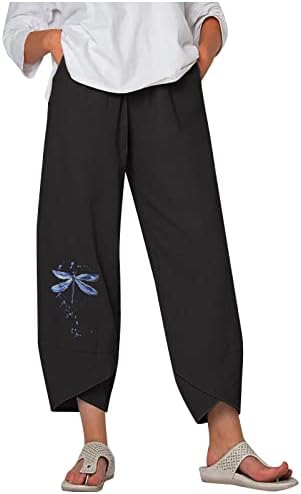 Обични панталони за жени во Гуфесф, женски исечени памучни постелнини со глуждот Каприс панталони лабави панталони со џебови