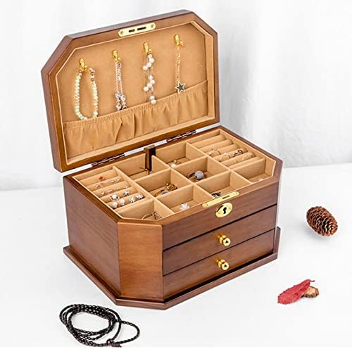 Кутија за накит Шестоаголна Кутија За Накит Од Цврсто Дрво Складирање Со Обетки За Заклучување Ѓердан Со Голем Капацитет Ретро
