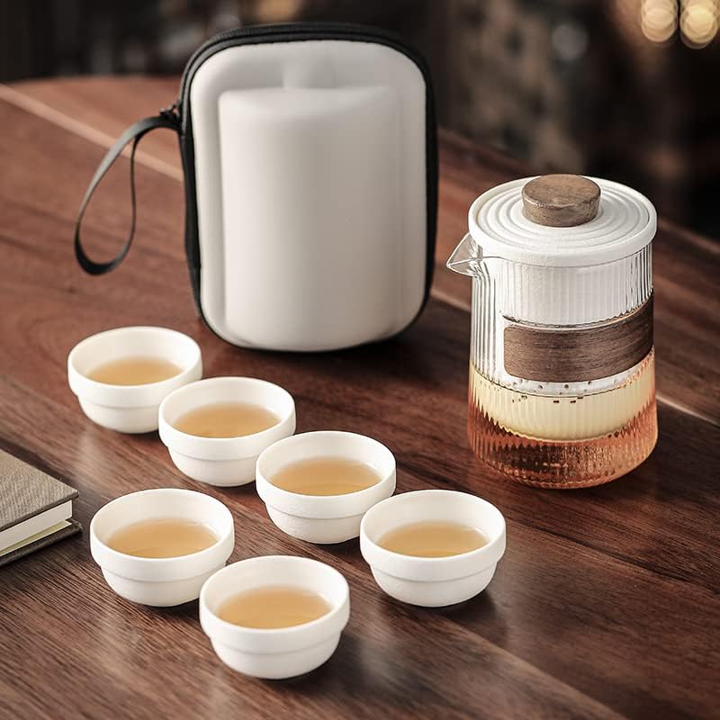 Бела порцеланска чај за патувања сет стаклен чајник 6 чаши со куќиште за складирање кинески чај кунгфу сет за патувања на отворено,