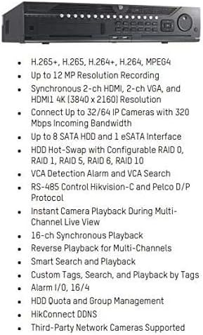 HikVision DS-9664NI-I8-12TB 64-CHANNEL 4K 12MP HIKCONNECT DDNS VCA Alarm Smart NVR со аларм I/O, поддршка RAID 0,1,5,6,10, американска