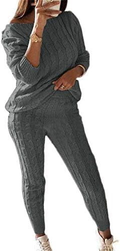 Молизрија жени кабел плетени 2 парчиња облека со долги ракави џемпер пуловер врвни панталони дневни поставувања есен зима