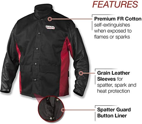 Линколн Електрична жито кожена ракава заварување јакна | Премиум пламен отпорно памучно тело | Црна и црвена | Xl | K2987-XL