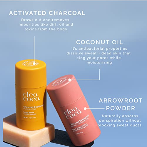 Cleo+Coco Природен дезодоранс за жени и мажи, без алуминиум со кокосово масло, активиран јаглен за 24 -часовна заштита од мирис, направен