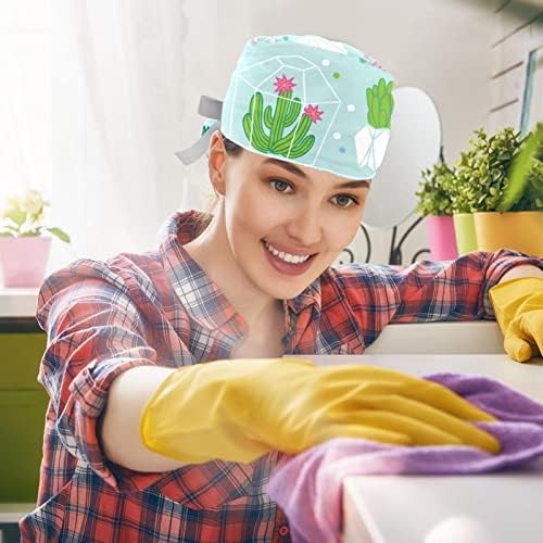 2 ПЦС медицинска сестра за чистење жени со долга коса, прилагодливо работно капаче од кактус со копче и џемпери разнобојно