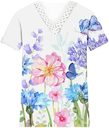 2023 Womanена летни маици против вратот чипка цветна блуза врвна удобна мека маичка со кратки ракави лабава лесна туника
