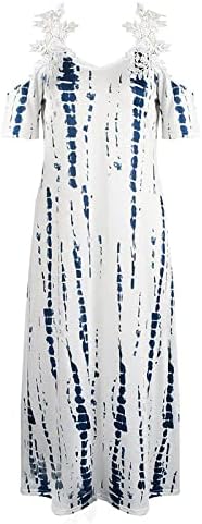 Fragarn Boho Maxi фустан, женски моден летен принт V-врат од рамената со кратки ракави за распрскувачки фустан од чипка