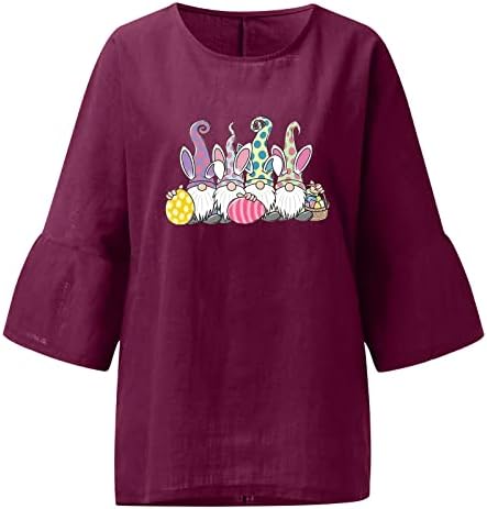 Велигденска памучна постелнина кошула за жени Симпатични гноми графички маички лабави се вклопуваат со кратки ракави на екипажот на екипажот што