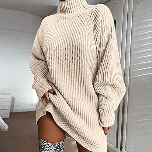 Maseенски моден случајна плетење цврста боја со долга ракав со џемпер од џемпер од тешка боја, мини фустан