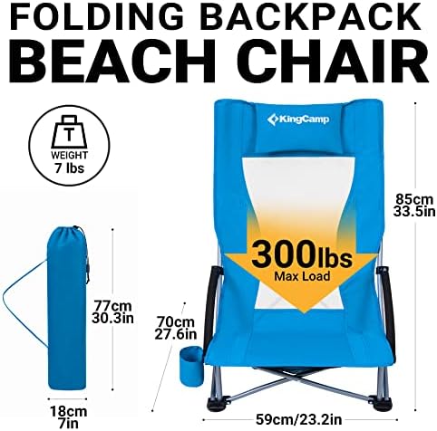 Кингкамп плажа стол со висок грб лесен преклопен ранец стол со држач за џеб торба за џебни перници за отворено кампување песок концерт на тревник