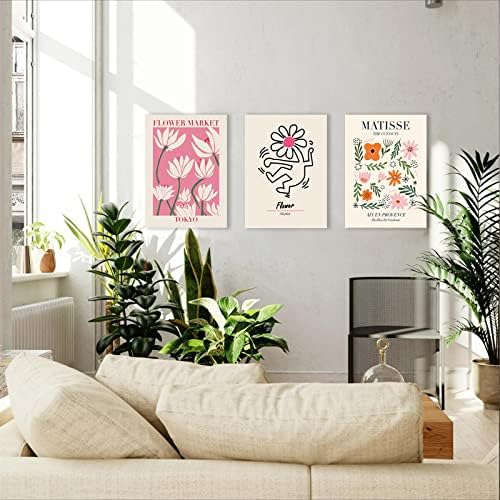Matisse Wall Art Set од 3, Апстрактни постери за изложби на Matид во Wallид, постери за постери на цвеќиња од розов беж, минималистички