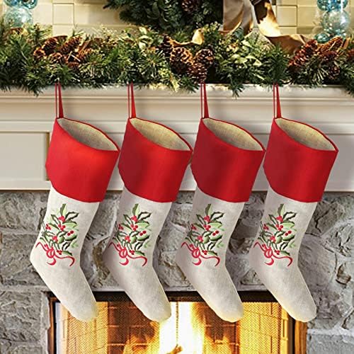 Божиќни чорапи ， пакуваат 4 уникатни природни ленени мешавини цвет везени класични големи богати заштеди за декорација на целосен семеен празник