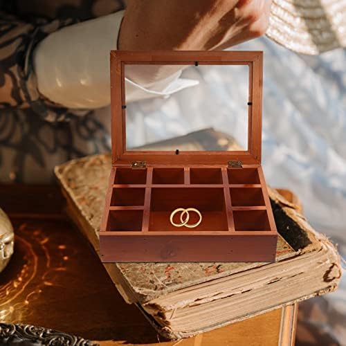 Зеродоко дрвен накит е приказ со стаклен врв на капакот 9-мрежи кутија за накит дрво прстен накит кутија Организатор обетки