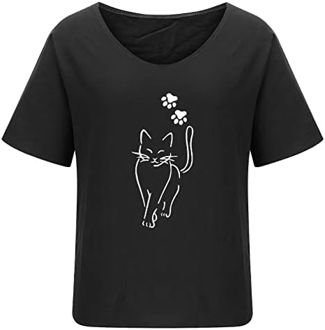 Памучни постелнини врвови жени симпатична мачка печатена кратка ракав Туника тиника лето лабава вклопена екипаж обични кошули блузи