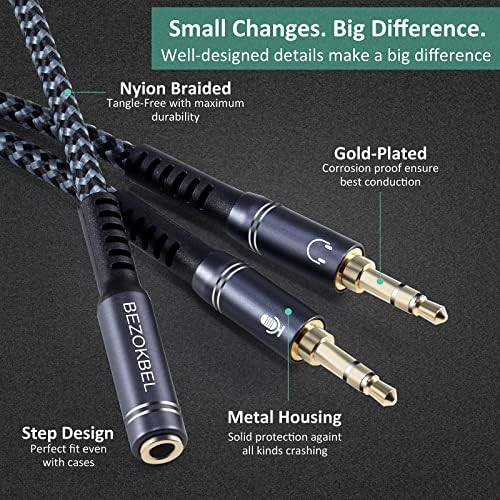 Сплитер за слушалки Bezokabel, 3,5 mm слушалки за слушалки стерео y сплитер, 3,5 mm TRRS женски до двојно 3,5 mm TRS машки комбо аудио