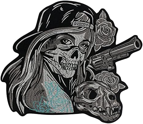 Роуз череп девојче со пиштол моторцикл везено железо на закрпи за налепници за облека со значка апликација јакна додатоци