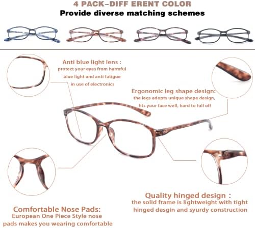 Ловиви 4 пакувања за читање очила сина светлина блокирајќи ги анти -замор компјутерските читатели за жени/мажи лесни рамки за очила за