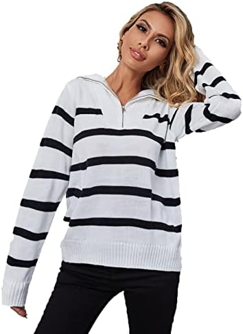 Oplxuo жени џемпери четвртина поштенски патент со долги ракави ленти во боја на бојата, случајна маичка со ребрести плетени тунични пуловер,
