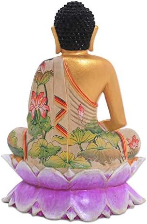 Новика металик религиозна скулптура од дрво, 7,75 „висок“ Буда на лотос “