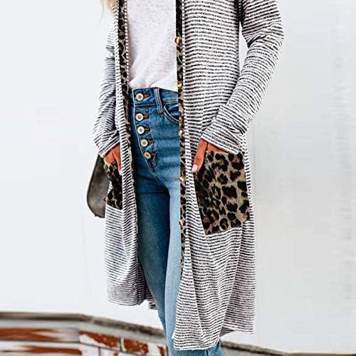 Longенски долги ракави со леопард печати за плетење кардиган отворен преден топол џемпер надвор од облеката со џеб со џеб