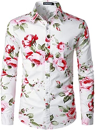 Зеројаја машка хипстер цветна печатена памучна памучна лежерна кошули со долги ракави надолу