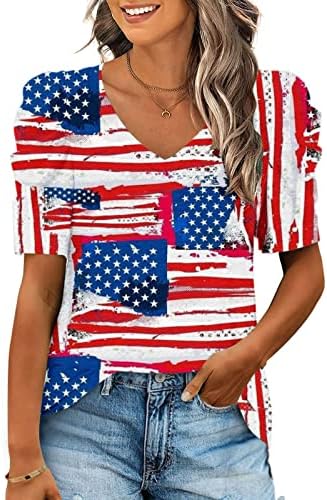 Женски патриотски блузи skew v вратот тркачки бек -чипка блузи кратки ракави за мафини со едниот рамо салон блузи 9i 9i
