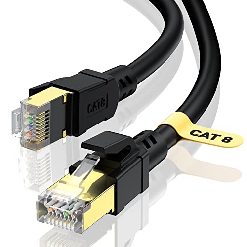 КАБНЕЕР Cat8 Етернет Кабел 50FT, 40Gbps 2000Mhz Со Голема Брзина ГИГАБИТ STP Cat-8 Мрежен Интернет Кабел Црн, Тежок Лепенка Кабел-LAN