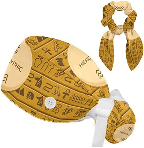 Антички Египет Хиероглифички работен капа, прилагодливо капаче за чистење со копчиња и лажна коса, чиста за медицинска сестра и доктор