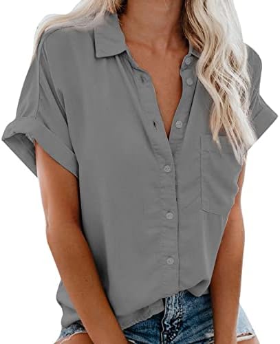 Женски случајни копче надолу кошули памучна постелнина блуза плус големина високи врвови со долги ракави мода цврста боја