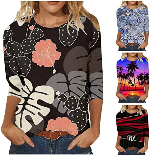 Firero летни кошули за жени 2023 година, женски случајни елегантни врвови ретро пеперутка печати 3/4 ракав врвот плус големина кошула блуза