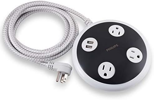 Филипс, сива/бела боја, 3 излезни гумени коцки, 2 USB, 2.4A, 10ft плетенка со кабел, SPS3102WB/37 & 3 Outlet 2 USB Surge Protector ORB,