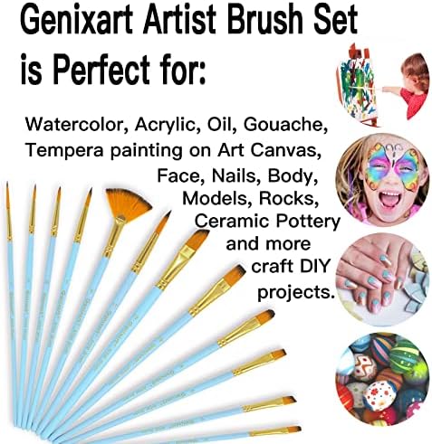 Genixart Chrush Chush Set за акрилно масло акварел, синтетички најлонски влакна уметник за бои за боја