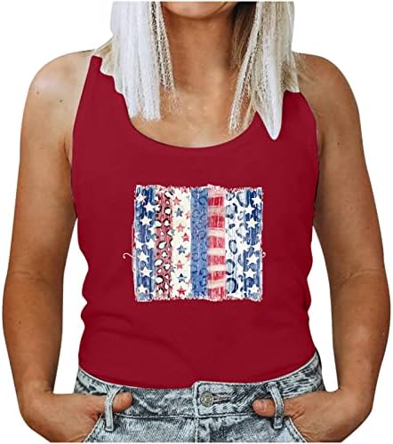 Женски резервоар за мускули на врвот Смешно САД starsвезди и ленти Графички 4 -ти јули без ракави кошули Американско знаме лабаво