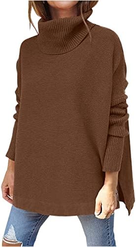 Цврста боја џемпери за жени преголеми желка врат Чунки пријатни плетени врвови странични подели полите со долги ракави пулвер скокач