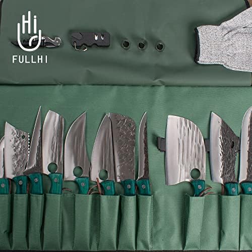 Fullhi преносен 17 парчиња месар готвач нож постави зелена дрво дрва со висок јаглерод челик, чистач кујнски нож со целосен зеленчук,