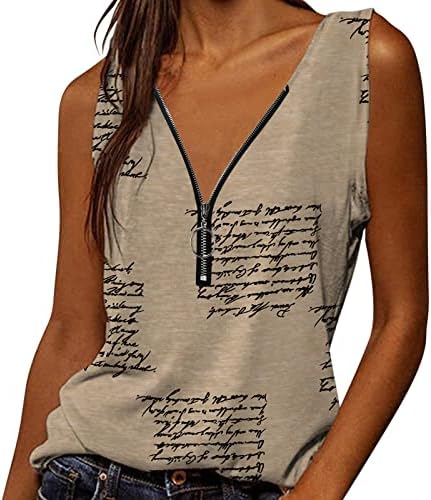 PMMQRRKUU жени вратоврска боја печатена лабава кошула патент резервоарот врвот лето маица без ракави V вратот Камизола Обични ладни маички