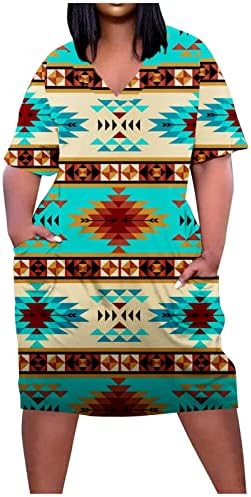 Letterенски летен фустан на вратот, западен Ацтек Етнички фустан за печатење, плус големина Обичен фустан со краток ракав Гроздобер