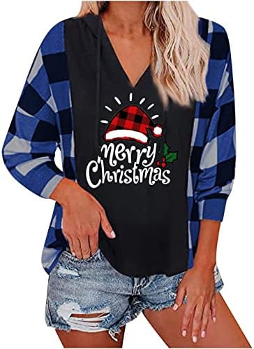 Женски обичен v врат -качулка врвови Среќен Божиќ со долги ракави џемпери за прием за печатење на пулвер блуза