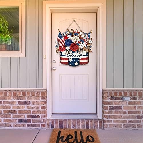 4 -ти јули декорација дрвена asonидарска тегла добредојде на вратата на вратата патриотски wallид декор црвено бело сино венец Американско