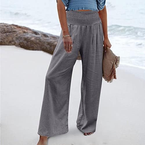 Panенски панталони со ленени ленти со права нозе со високи панталони со плажа, кои влечеа опуштени фитли џемпери со џебови