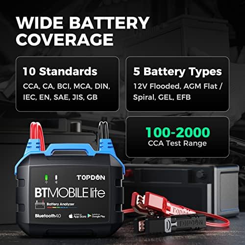Тестер на батерии на батерии Topdon Car Tester 12V, Bluetooth Voltmeter безжичен автомобилски алтернатор тестер за оптоварување, тестер за полнење на батерии за полнење на тестер за ?