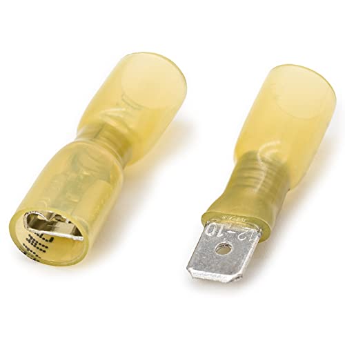 Xuuap 200 парчиња машки женски конектори на Spade F2 6,3 mm 1/4 '' 12-10 AWG жолта, изолирана топлина-смалување Изолирана брзина-дисконектни