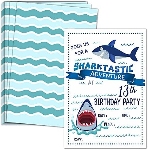 укебобо Покани за Забава за 13-ти Роденден Со Пликови-Покани За Роденден На Ајкула, Украси За Забави На Ајкули - 20 Картички со