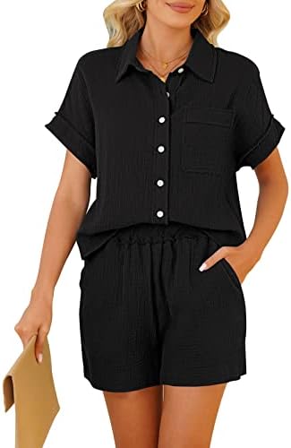 Hapcope gensimeенски 2 парчиња Обичен тренер за кратки ракави за кратки ракави и блуза со високи половини, поставени црни м