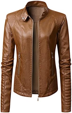 Fulijie женски долги ракави кожна јакна моторцикл кожна јакна Пу кожа јакна мода женски јакна лесен
