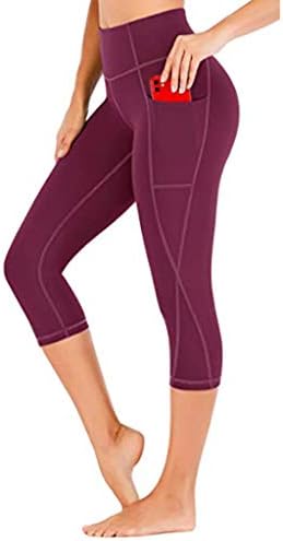 Lcepcyенски женски капри јога панталони со џеб за телефон, стомачни хеланки со високи половини, тренингот за компресија исечени хулахопки