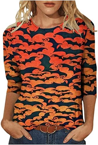 Есенска летна блуза девојки 3/4 ракав памучен екипаж на вратот Графички фестивал Ноќта на вештерките случајна лабава вклопена врвна маичка за девојчиња А1